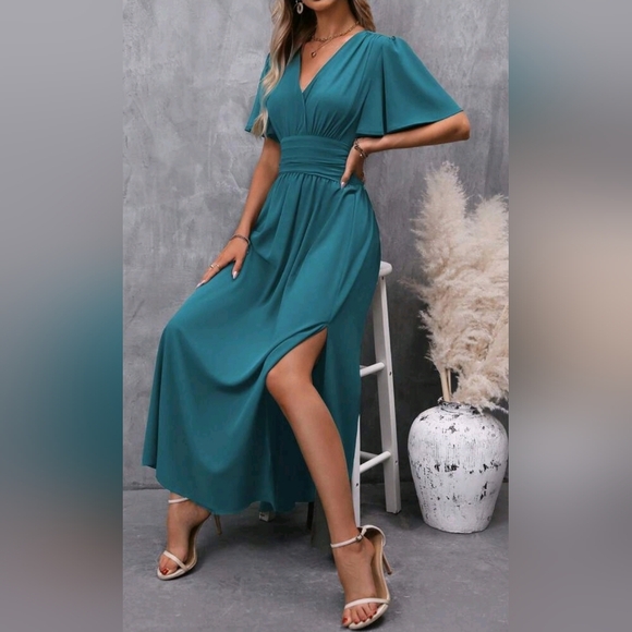 NEW Chic Ruched Waist Flutter Sleeve Maxi Dress Teal Green Blue - Picture 5 of 9